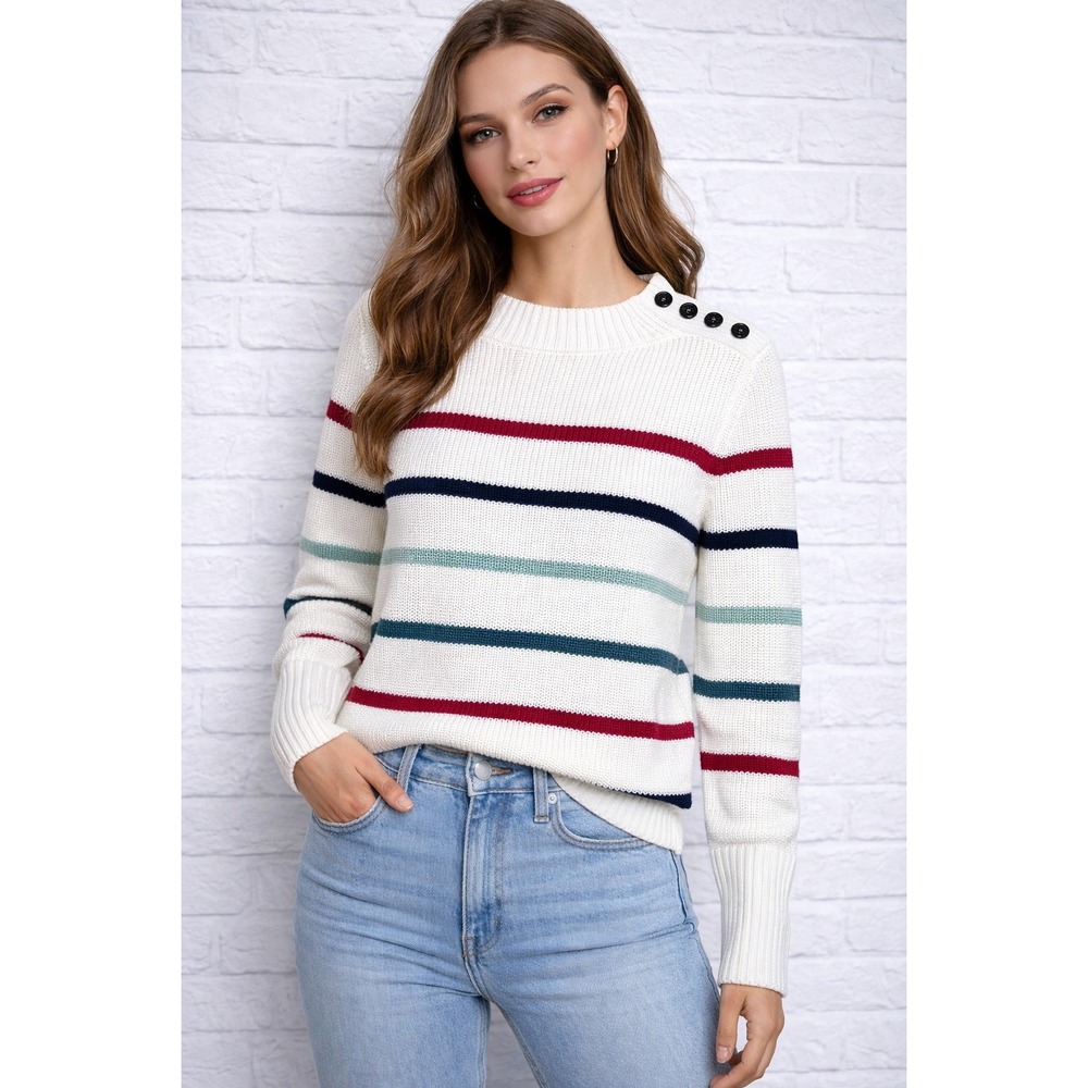 Barbour Shoreward‎ Knit Striped Cotton Sweater White Button Shoulder Womens 4